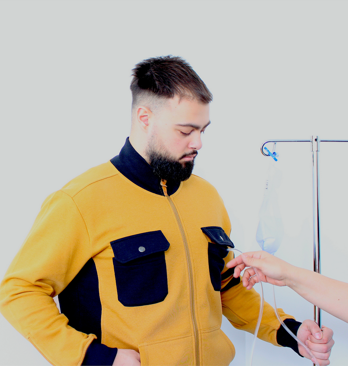 Men’s Adaptive Clothing Sweatshirt Magnetic Zipper Jacket, Collar & Cargo Pocket, Inside Chest Pocket Ring for Passing a Medical Tube
