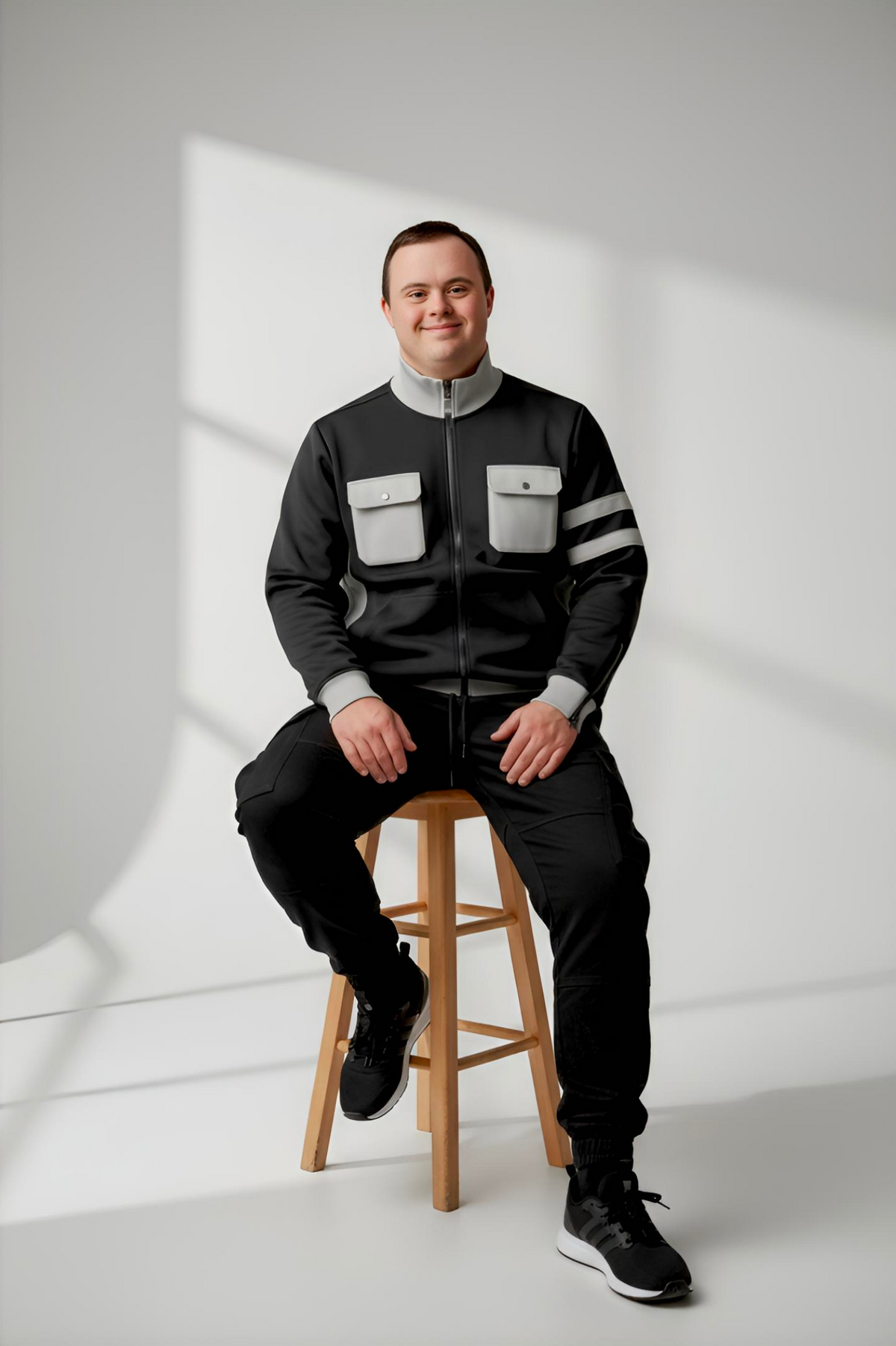 Men’s Adaptive Clothing Sweatshirt Magnetic Zipper Jacket, Collar & Cargo Pocket, Inside Chest Pocket Ring for Passing a Medical Tube