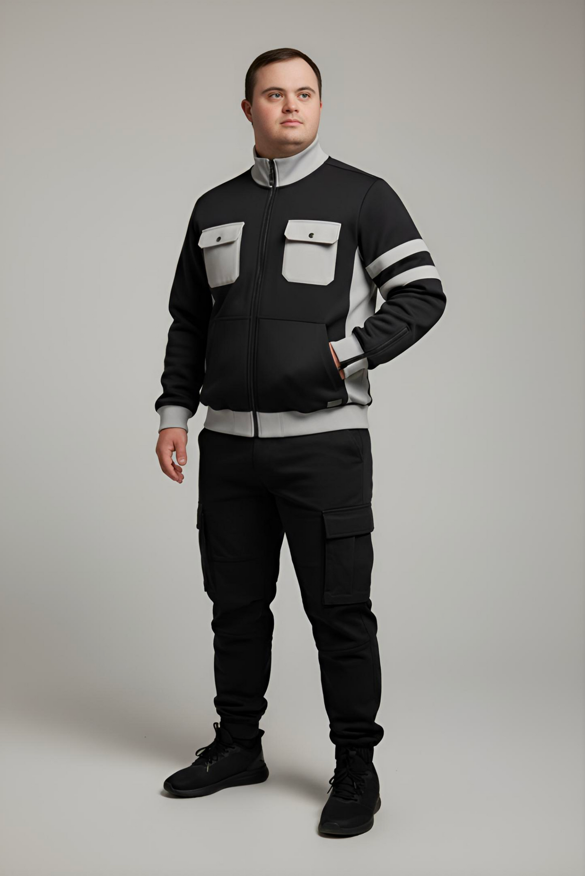 Men’s Adaptive Clothing Sweatshirt Magnetic Zipper Jacket, Collar & Cargo Pocket, Inside Chest Pocket Ring for Passing a Medical Tube