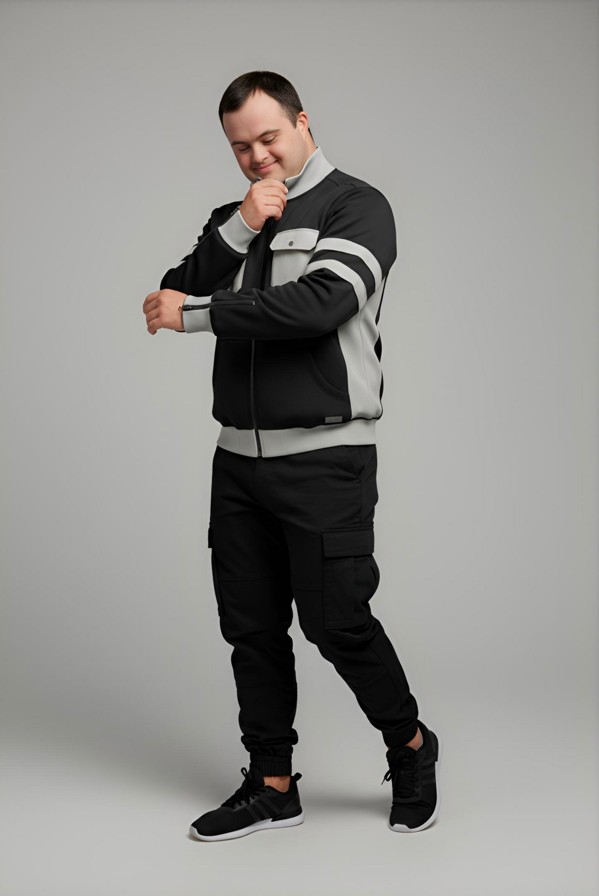 Men’s Adaptive Clothing Sweatshirt Magnetic Zipper Jacket, Collar & Cargo Pocket, Inside Chest Pocket Ring for Passing a Medical Tube