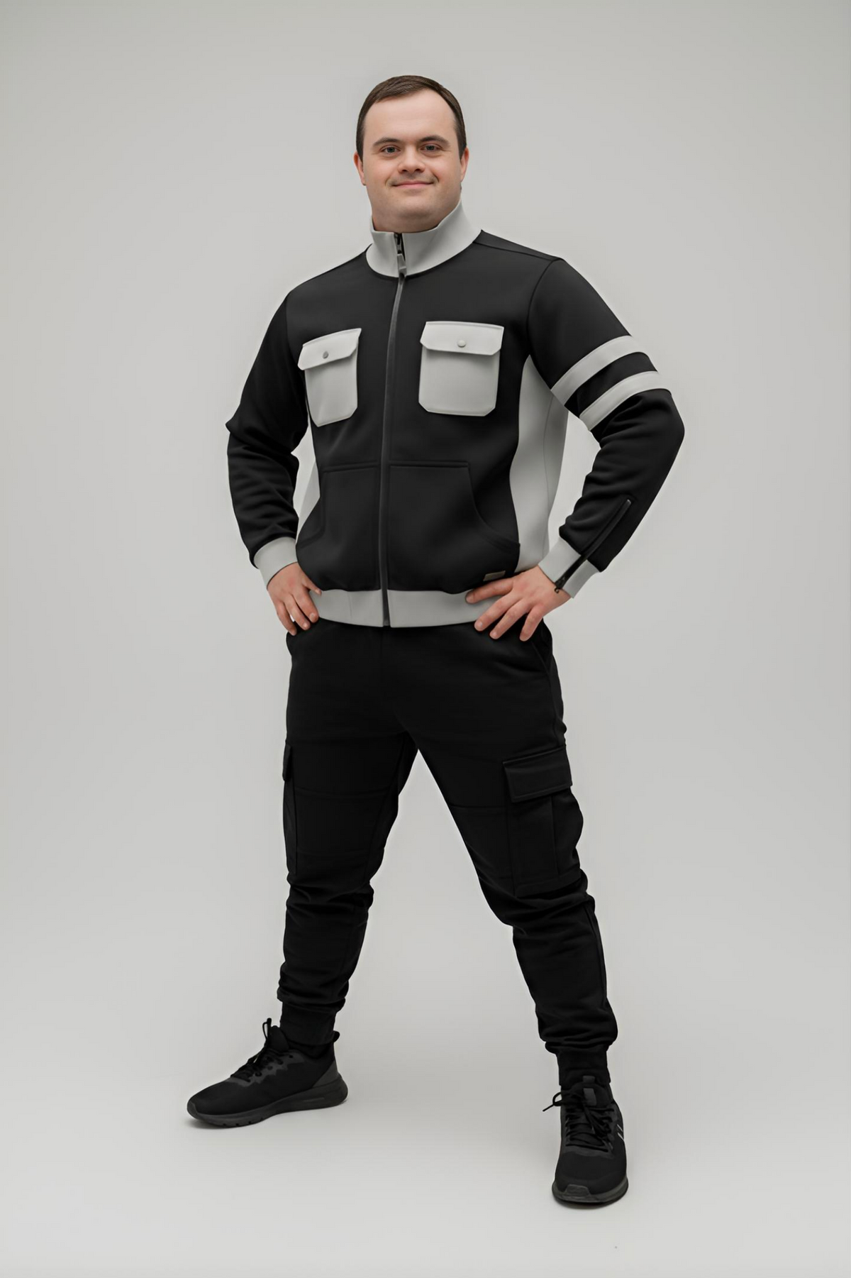 Men’s Adaptive Clothing Sweatshirt Magnetic Zipper Jacket, Collar & Cargo Pocket, Inside Chest Pocket Ring for Passing a Medical Tube