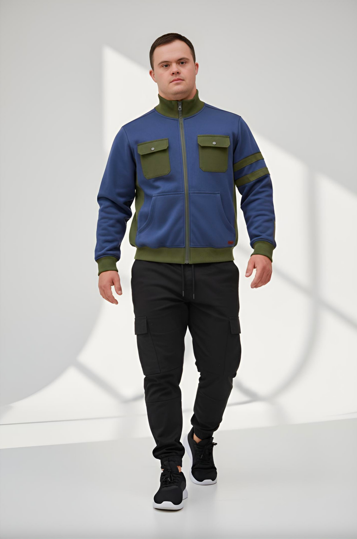 Men’s Adaptive Clothing Sweatshirt Magnetic Zipper Jacket, Collar & Cargo Pocket, Inside Chest Pocket Ring for Passing a Medical Tube