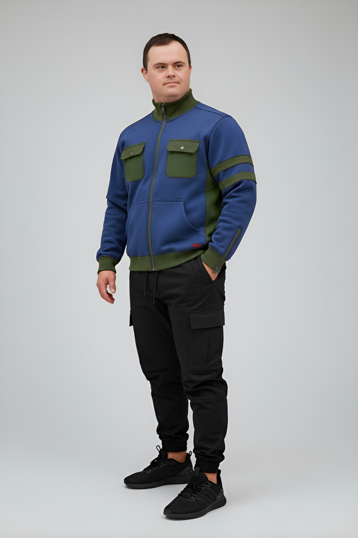 Men’s Adaptive Clothing Sweatshirt Magnetic Zipper Jacket, Collar & Cargo Pocket, Inside Chest Pocket Ring for Passing a Medical Tube