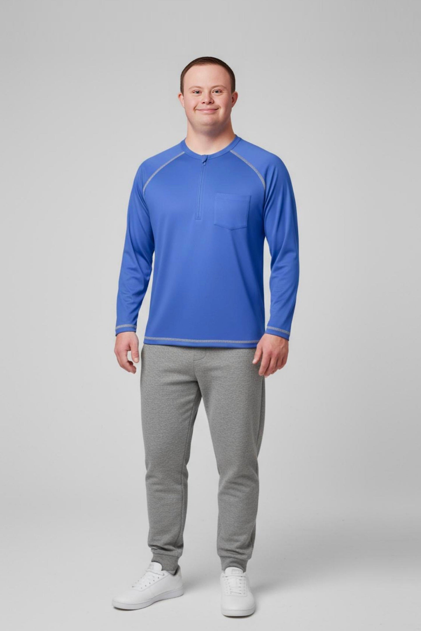 Men’s Adaptive Clothing Long Ragland Sleeve Soft Style Cotton Crow Neck Top, Half Zipper Front, Ragland Sleeve Zipper Easy Undressing