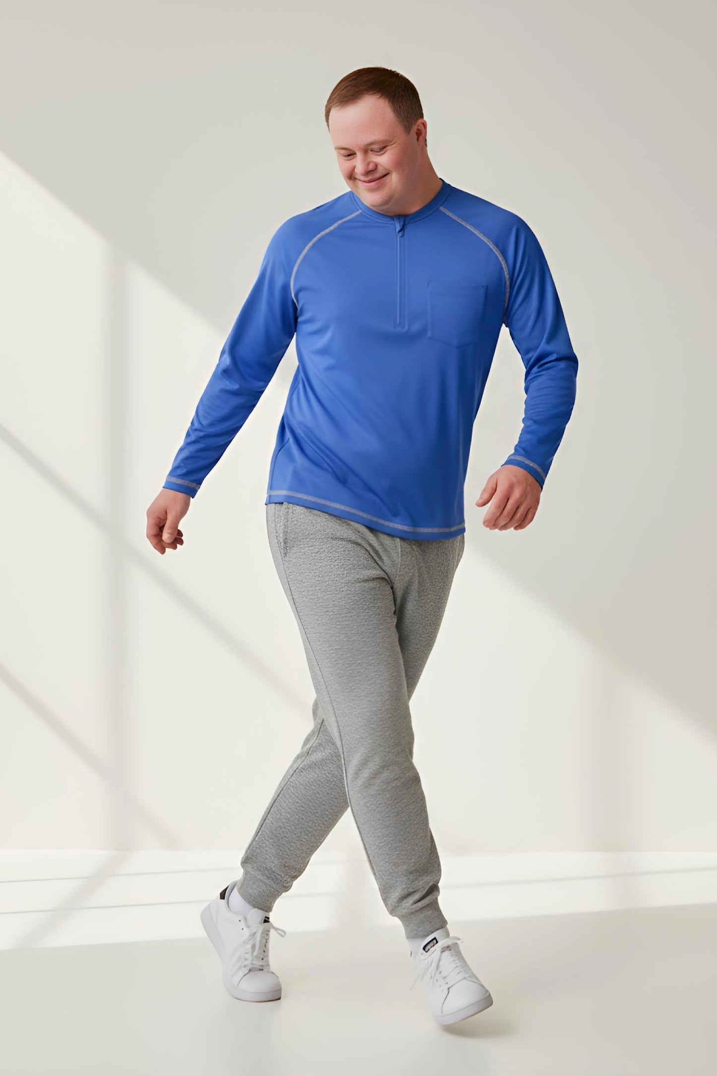 Men’s Adaptive Clothing Long Ragland Sleeve Soft Style Cotton Crow Neck Top, Half Zipper Front, Ragland Sleeve Zipper Easy Undressing