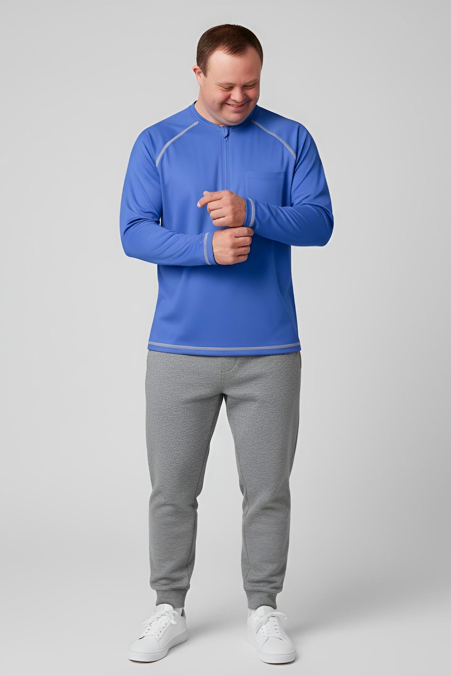 Men’s Adaptive Clothing Long Ragland Sleeve Soft Style Cotton Crow Neck Top, Half Zipper Front, Ragland Sleeve Zipper Easy Undressing