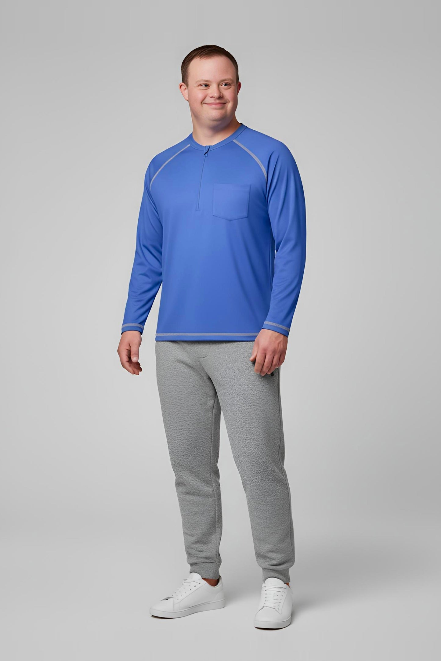 Men’s Adaptive Clothing Long Ragland Sleeve Soft Style Cotton Crow Neck Top, Half Zipper Front, Ragland Sleeve Zipper Easy Undressing