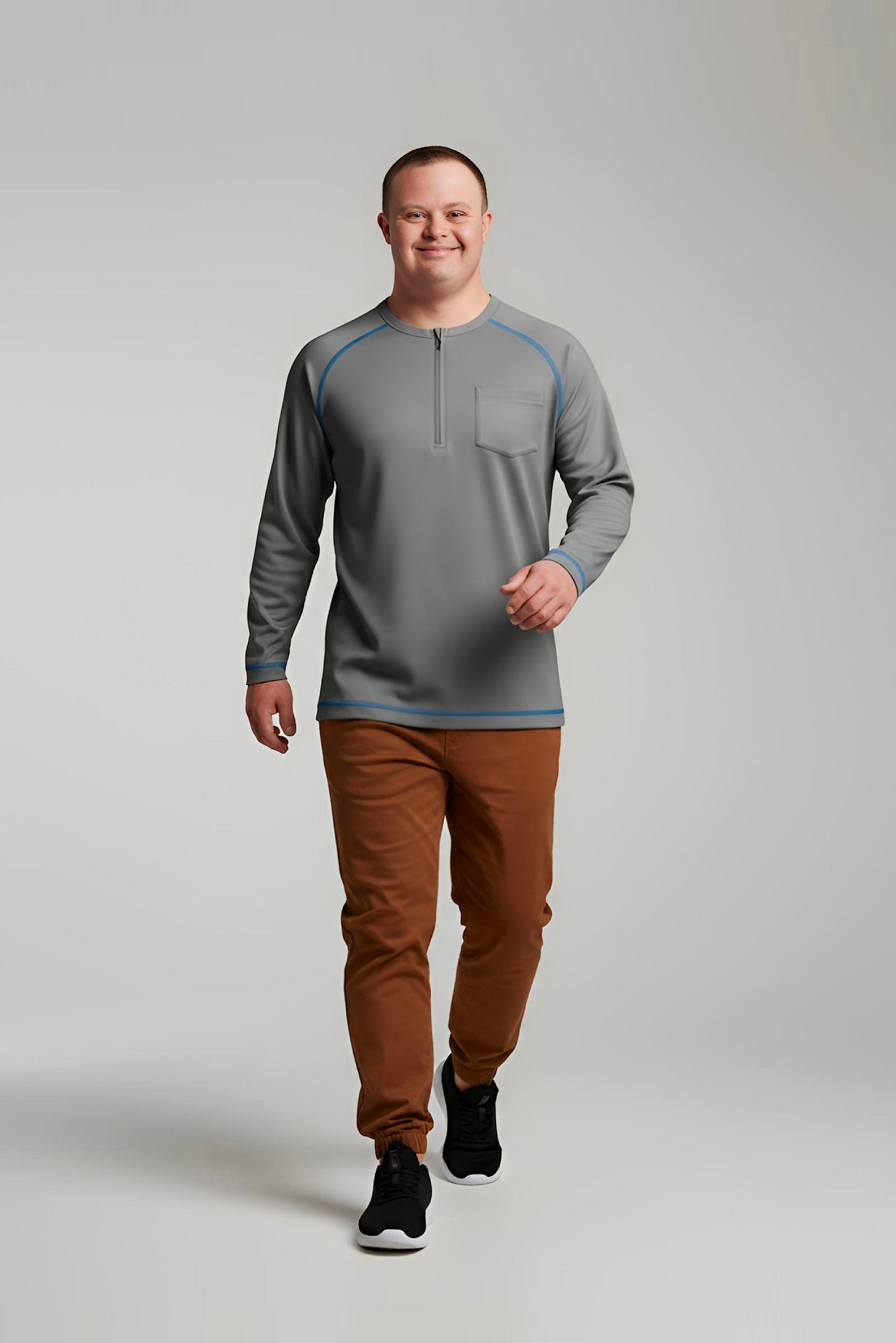 Men’s Adaptive Clothing Long Ragland Sleeve Soft Style Cotton Crow Neck Top, Half Zipper Front, Ragland Sleeve Zipper Easy Undressing