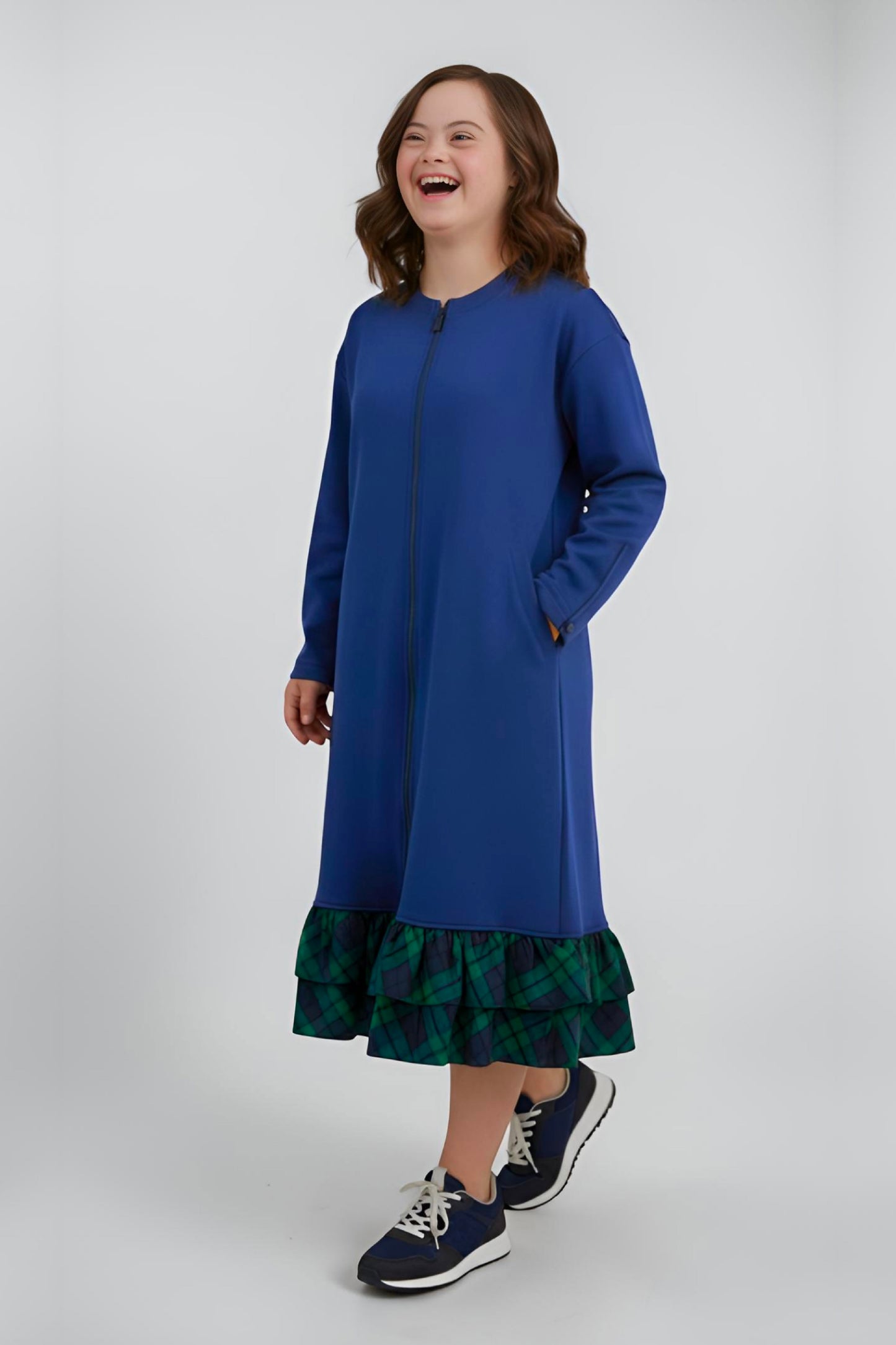 Adaptive Kids Dolman Sweatshirt Dress with full Zipper & Contrast Frills