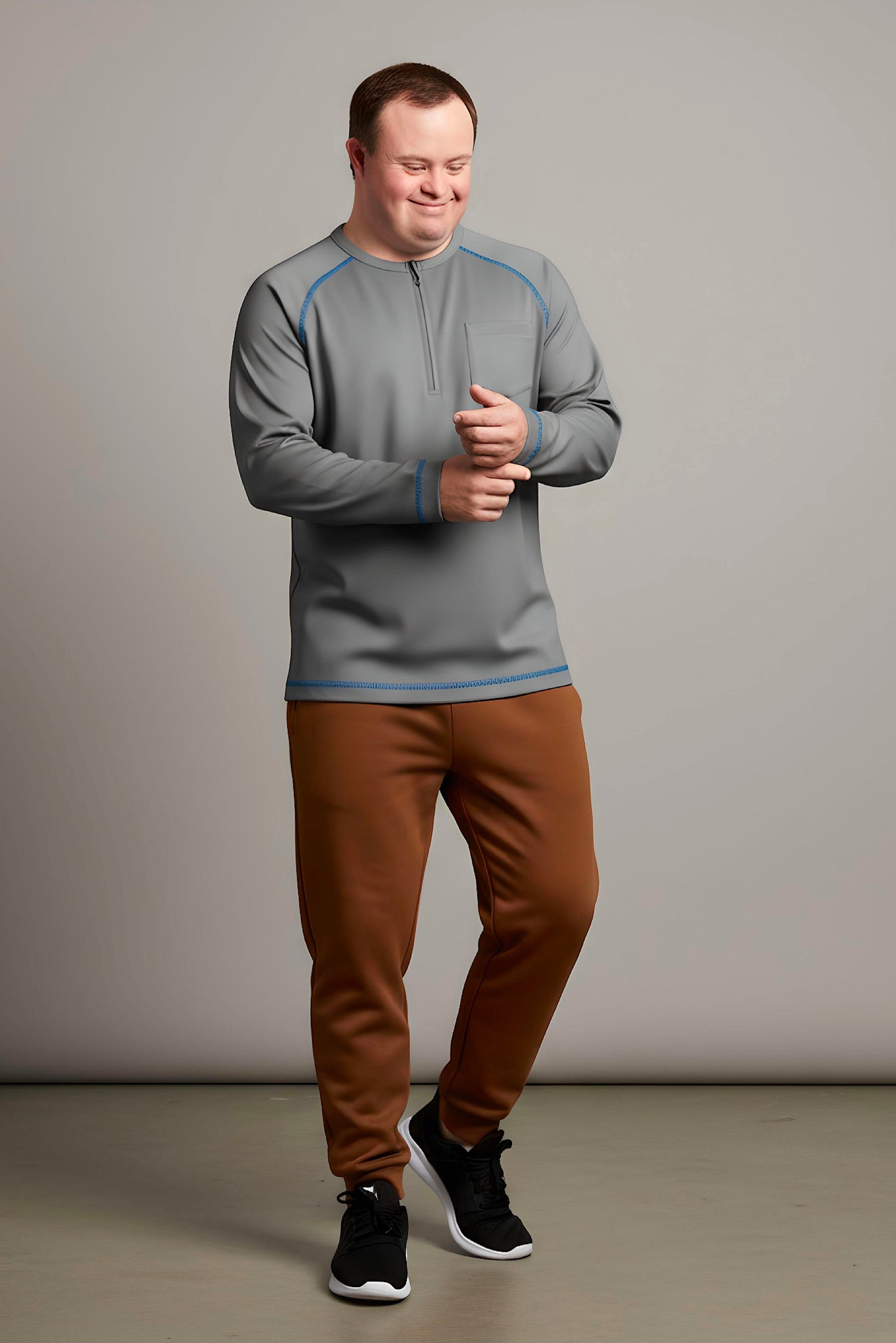 Men’s Adaptive Clothing Long Ragland Sleeve Soft Style Cotton Crow Neck Top, Half Zipper Front, Ragland Sleeve Zipper Easy Undressing