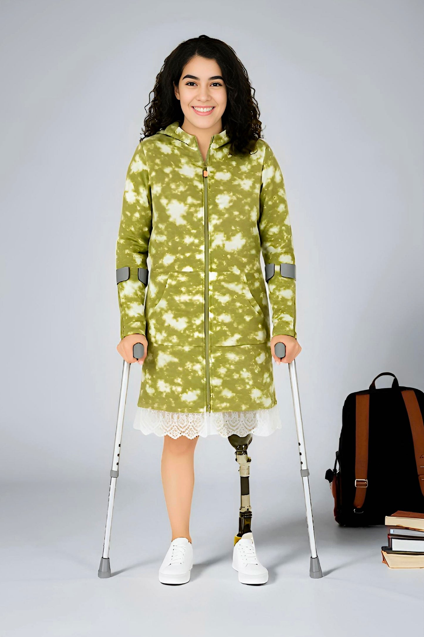 Adaptive Kids Tie-Dye Hoodie Sweatshirt Dress, Front Full Zipper and Easy-Undressing Sleeves