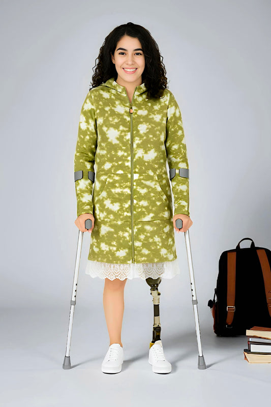 Adaptive Kids Tie-Dye Hoodie Sweatshirt Dress, Front Full Zipper and Easy-Undressing Sleeves