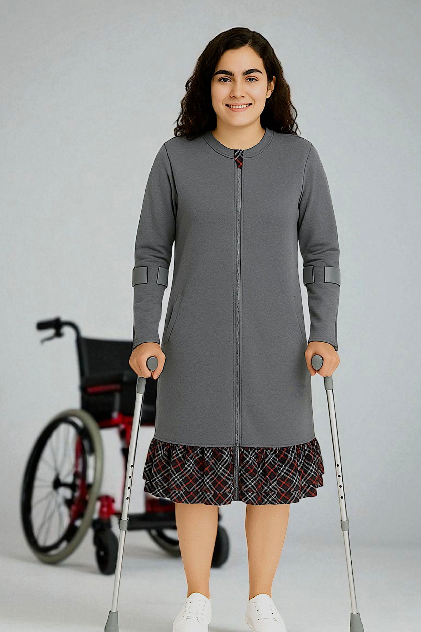 Adaptive Kids Dolman Sweatshirt Dress with full Zipper & Contrast Frills
